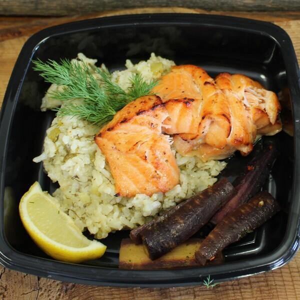 Salmon skewers & dill risotto